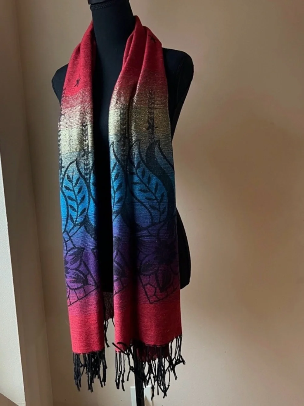 Multicolor Bontanical Floral Gold Woven Polyester Fringe Scarf Wear Many Ways